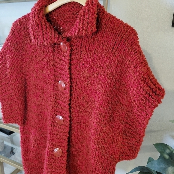 Vintage Hand Made Knit Button Down Sweater Top Red Size XL Short Sleeve - Picture 2 of 5